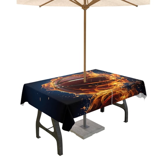 Fsddascl Basketball Outdoor Tablecloth - 60x84 Inch Rectangle Dining Table Cover, Flame Basketball Modern Abstract Art Waterproof Outdoor Table Cloth with Umbrella Hole & Zipper for Picnic/Patio