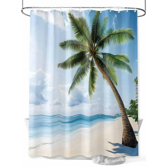 Fsddascl Beach Palm Tree Shower Curtain Set - Small 36" x 72" Washable Bathtub Curtain with 12 Hooks, Ocean Coastal Sky Nature Scenery Waterproof Fabric Stall Shower Curtains for Bathroom/Bathtub