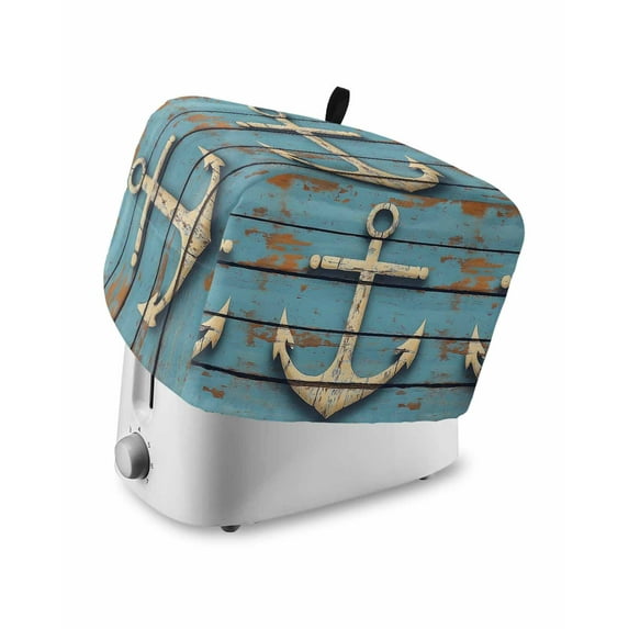 Fsddascl Beige Anchor Nautical Small Toaster Cover 2 Slice, Kitchen Appliance Covers, Vintage Farmhouse Blue Wooden Toaster Oven Cover with Loop, Bread Machine Cover Polyester Dust Cover Protection