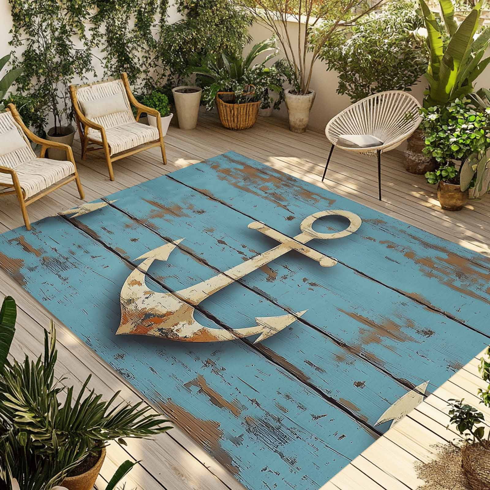 Fsddascl Beige Anchor Outdoor Rug for Patio/Deck/Porch, Non-Slip Large ...