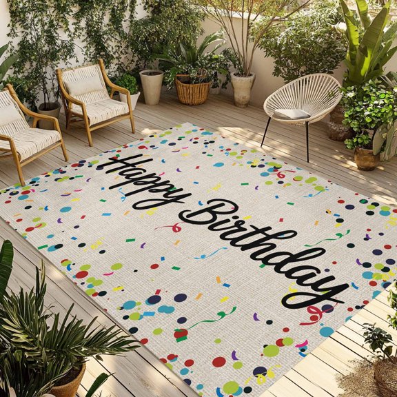 Fsddascl Beige Birthday Outdoor Rug for Patio/Deck, Non-Slip Large Area Rug 4 x 6 Ft, Colorful Confetti Ribbons Polka Dots Classroom Indoor Outdoor Rugs Washable Area Rugs, Camping Rug Carpet Runner