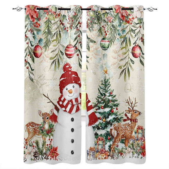 Fsddascl Beige Christmas Blackout Curtains for Bedroom/Living Room, Thermal Insulated Kitchen Curtains, Snowman Xmas Tree Elk Poinsettia Grommet Darkening Window Treatment Drapes 27.5"x39"x2