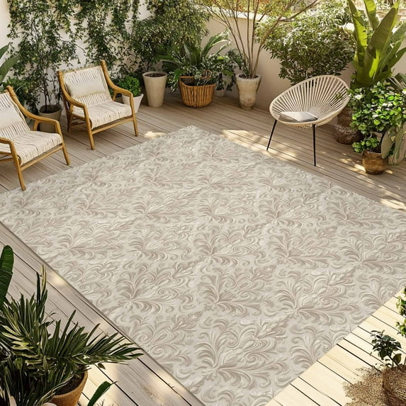 Fsddascl Beige Damask Outdoor Rug for Patio/Deck/Porch, Non-Slip Large Area Rug 4 x 6 Ft, Vintage Country Scroll Floral Patterned Indoor Outdoor Rugs Washable Area Rugs, Camping Rug Carpet