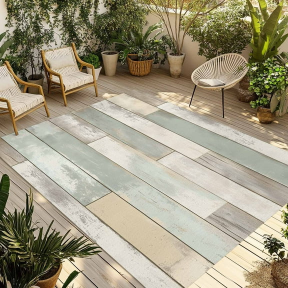 Fsddascl Beige Light Green Outdoor Rug for Patio/Deck/Porch, Non-Slip Large Area Rug 6 x 9 Ft, Farmhouse Wooden Striped Indoor Outdoor Rugs Washable Area Rugs, Reversible Camping Rug Carpet Runner