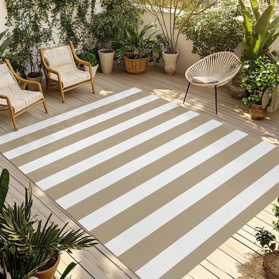 Fsddascl Beige Striped Outdoor Rug for Patio/Deck/Porch, Non-Slip Large Area Rug 4 x 6 Ft, Modern Farmhouse Beige White Stripes Indoor Outdoor Rugs Washable Area Rugs, Reversible Camping Rug Carpet