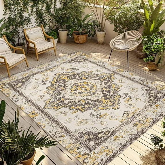 Fsddascl Beige Vintage Boho Outdoor Rug for Patio/Deck/Porch, Non-Slip Large Area Rug 6 x 9 Ft, Ethnic Tribal Geometric Abstract Indoor Outdoor Rugs Washable Area Rugs, Reversible Camping Rug Carpet