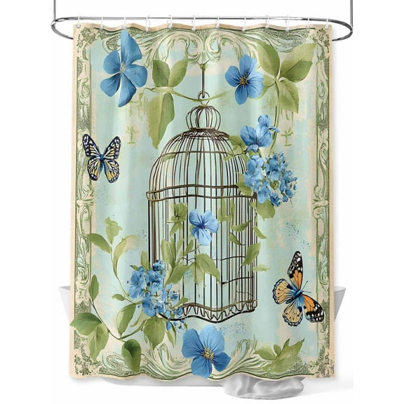 Fsddascl Birds Cage Shower Curtain Set - Small 36" x 72" Washable Bathtub Curtain with 12 Hooks, Green Botanical Blue Floral Waterproof Fabric Stall Shower Curtains for Bathroom/Bathtub Décor