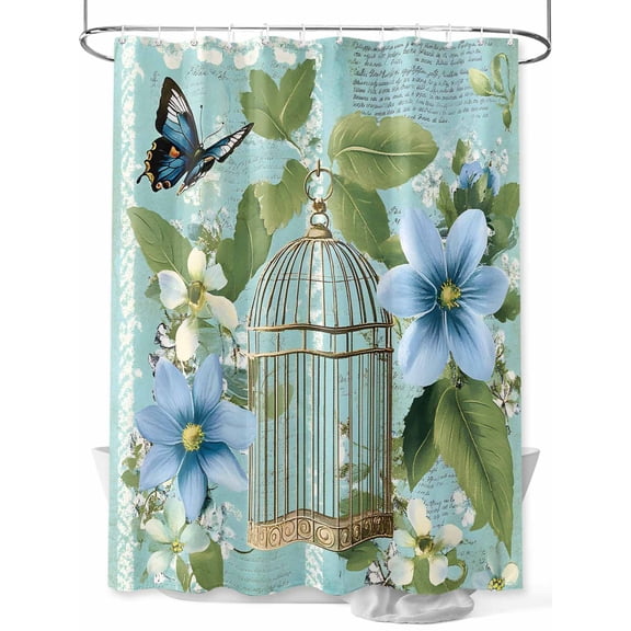 Fsddascl Birds Cage Shower Curtain Set - Small 36" x 72" Washable Bathtub Curtain with 12 Hooks, Spring Botanical Blue Floral Waterproof Fabric Stall Shower Curtains for Bathroom/Bathtub Décor