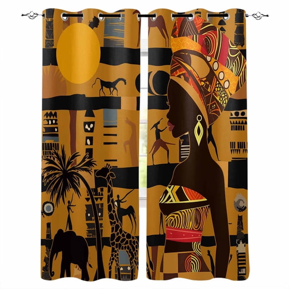 Fsddascl Black African Women Blackout Curtains for Bedroom/Living Room, Thermal Insulated Kitchen Curtains, Boho Brown Elephant Giraffe Ethnic Grommet Darkening Window Treatment Drapes 27.5"x39"x2