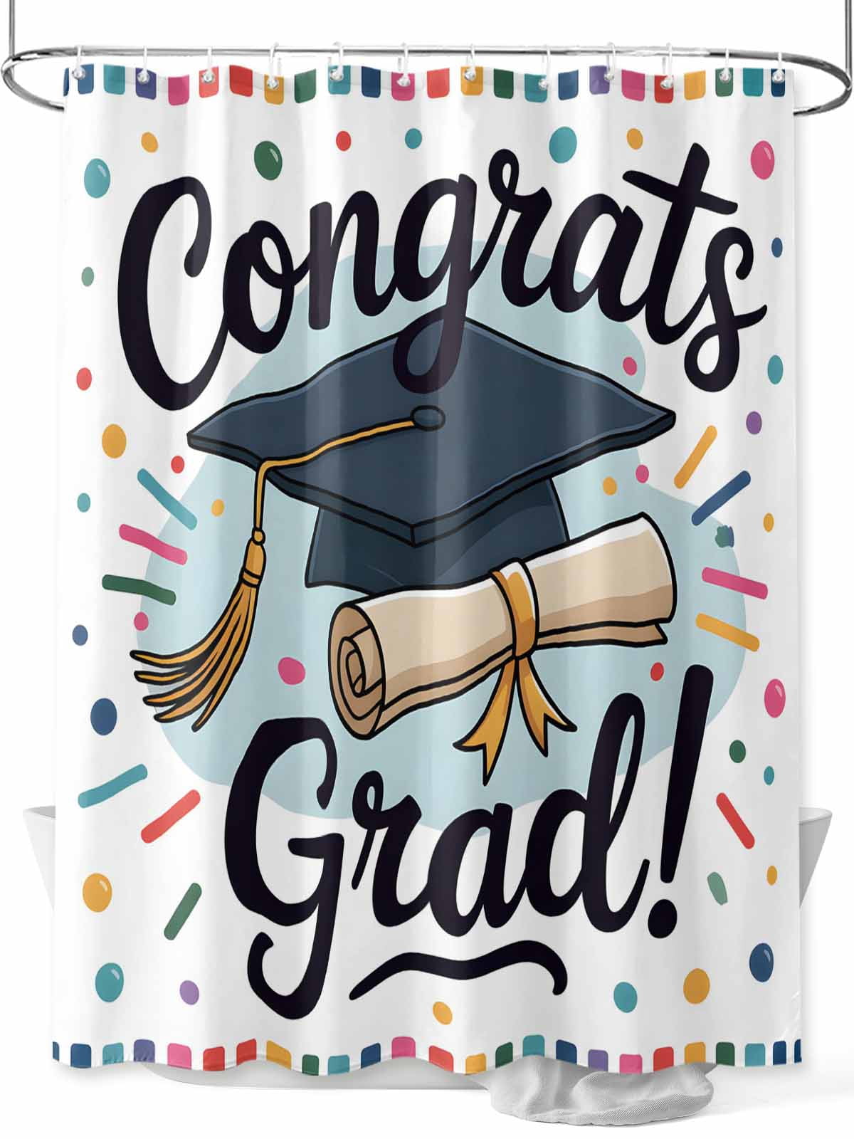 Fsddascl Black Blue Graduation Hat Shower Curtain Set - Standard 72" x 72" Washable Bathtub Curtain with 12 Hooks, Funny Words Waterproof Fabric Stall Shower Curtains for Bathroom/Bathtub Décor