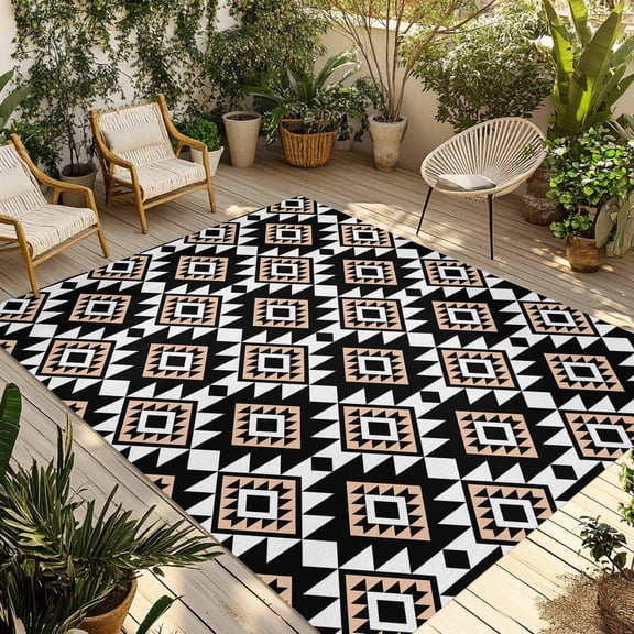 Fsddascl Black Brown Boho Geometric Outdoor Rug for Patio/Deck/Porch, Non-Slip Large Area Rug 4 x 6 Ft, Southwest Aztec Motifs Indoor Outdoor Rugs Washable Area Rugs, Reversible Camping Rug Carpet