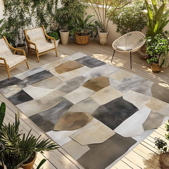 Fsddascl Black Brown Color Blocks Outdoor Rug for Patio/Deck/Porch, Non-Slip Large Area Rug 5 x 8 Ft, Abstract Geometric Art Indoor Outdoor Rugs Washable Area Rugs, Reversible Camping Rug Carpet