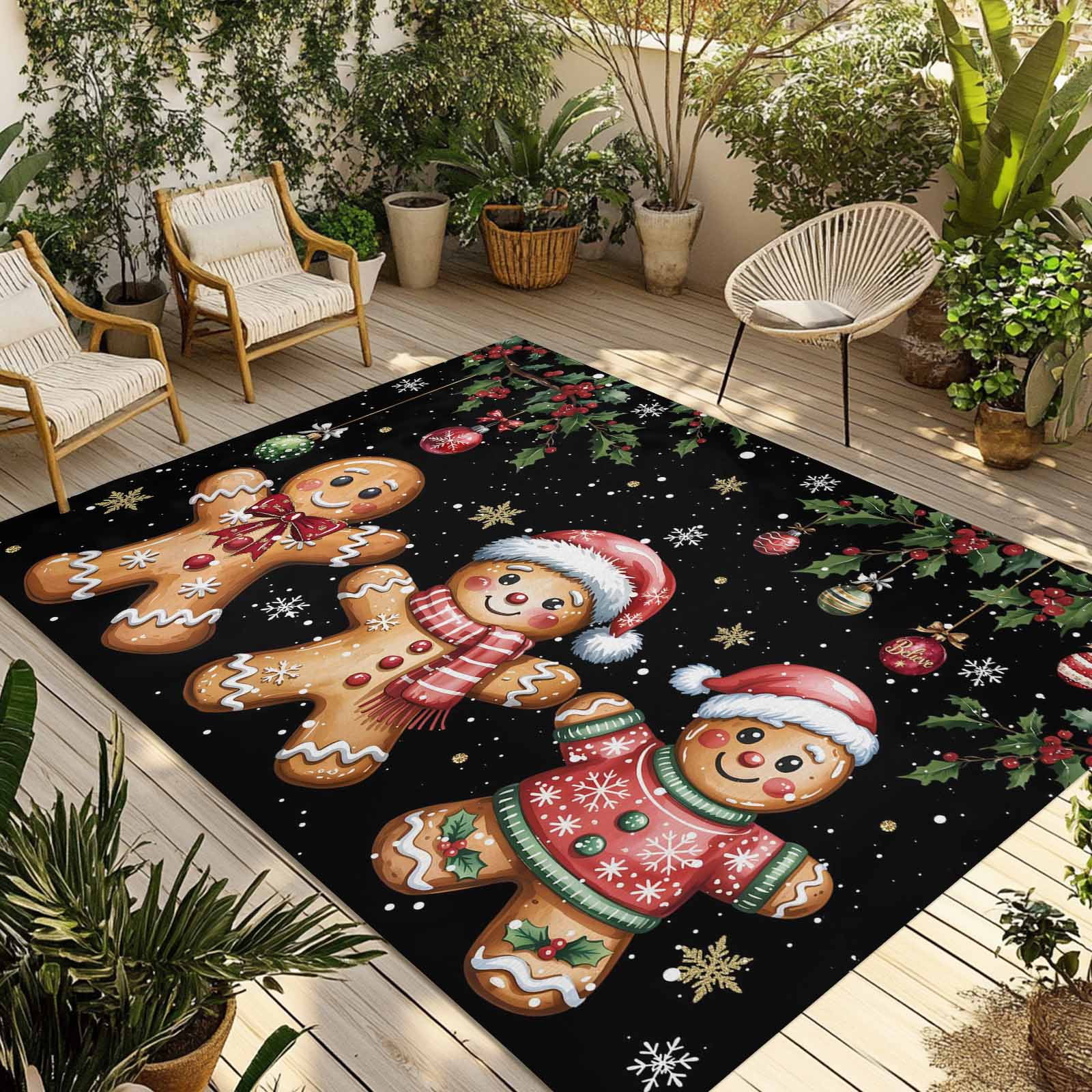 Fsddascl Black Christmas Gingerbread Outdoor Rug for Patio/Deck/Porch, Non-Slip Large Area Rug 4 x 6 Ft, Xmas Balls Snowflake Indoor Outdoor Rugs Washable Area Rugs, Camping Rug Carpet Runner