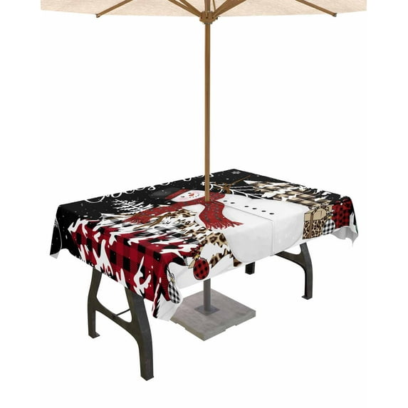 Fsddascl Black Christmas Outdoor Tablecloth - 52x70 Inch Rectangle Dining Table Cover, Snowman Snowflake Xmas Tree Waterproof Outdoor Table Cloth with Umbrella Hole & Zipper for Picnic/Patio/Party