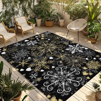 Fsddascl Black Christmas Snowflake Outdoor Rug for Patio/Deck, Non-Slip Large Area Rug 4 x 6 Ft, Xmas Golden-yellow Snow New Year Indoor Outdoor Rugs Washable Area Rugs, Camping Rug Carpet Runner