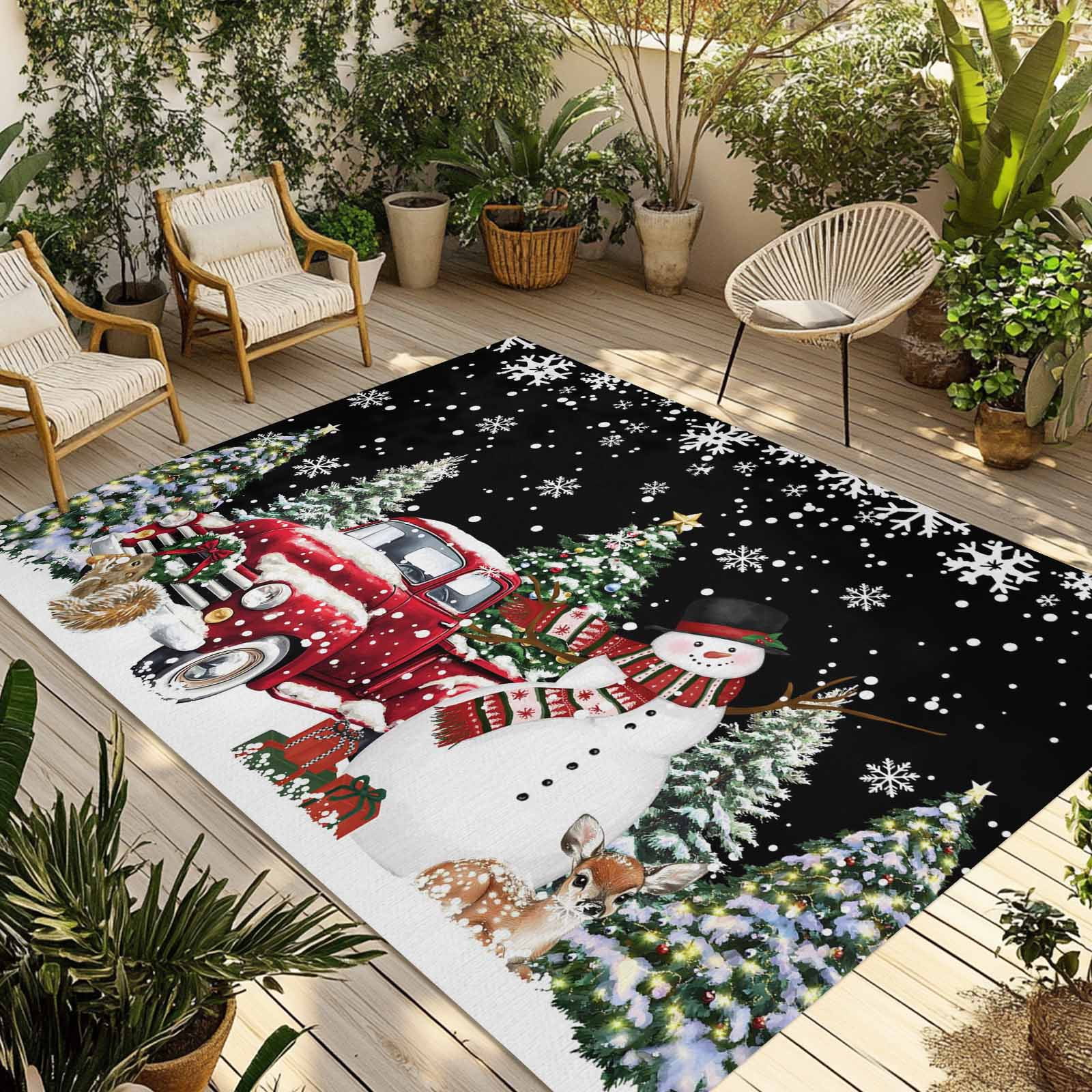 Fsddascl Black Christmas Snowman Outdoor Rug for Patio/Deck/Porch, Non-Slip Large Area Rug 5 x 8 Ft, Xmas Truck Tree Snowflake Indoor Outdoor Rugs Washable Area Rugs, Camping Rug Carpet Runner