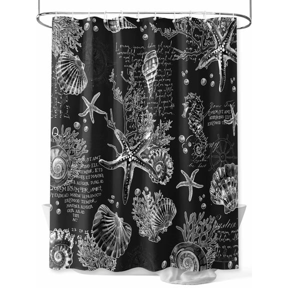 Fsddascl Black Coastal Shower Curtain Set - Small 36" x 72" Washable Bathtub Curtain with 12 Hooks, Nautical Ocean Starfish Seashells Coral Waterproof Fabric Stall Shower Curtains for Bathroom