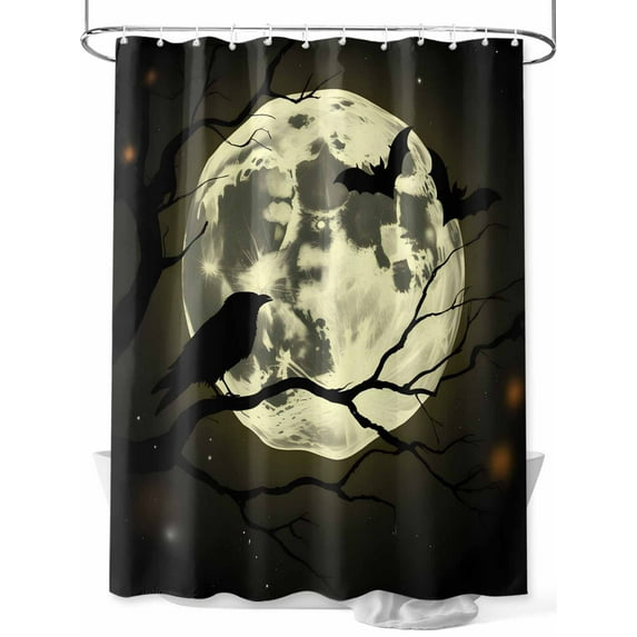 Fsddascl Black Crow Moon Halloween Shower Curtain Set - 72" x 78" Washable Bathtub Curtain with 12 Hooks, Silhouettes Animals Branches Waterproof Fabric Stall Shower Curtains for Bathroom/Bathtub