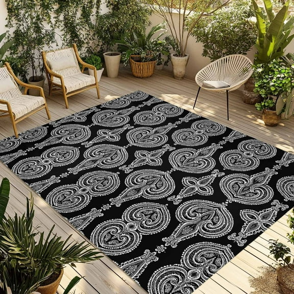 Fsddascl Black Geometric Outdoor Rug for Patio/Deck/Porch, Non-Slip Large Area Rug 4 x 6 Ft, Paisley Modern Abstract Flower Indoor Outdoor Rugs Washable Area Rugs, Reversible Camping Rug Carpet