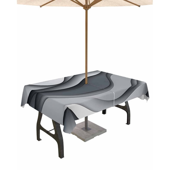 Fsddascl Black Gray Ombre Outdoor Tablecloth - 60x102 Inch Rectangle Dining Table Cover, Modern Abstract Moire Art Geometric Waterproof Outdoor Table Cloth with Umbrella Hole & Zipper for Patio