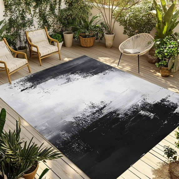 Fsddascl Black Gray White Outdoor Rug for Patio/Deck/Porch, Non-Slip Large Area Rug 5 x 8 Ft, Minimalism Abstract Ombre Aesthetic Indoor Outdoor Rugs Washable Area Rugs, Camping Rug Carpet