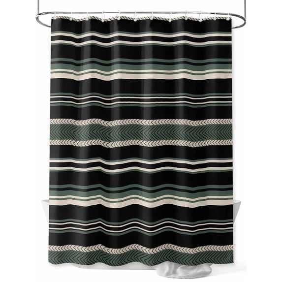 Fsddascl Black Green Beige Shower Curtain Set - Small 36" x 72" Washable Bathtub Curtain with 12 Hooks, Boho Farmhouse Vintage Abstract Striped Waterproof Fabric Stall Shower Curtains for Bathroom