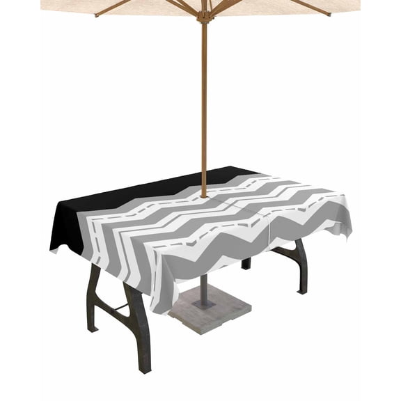 Fsddascl Black Grey Outdoor Tablecloth - 52x70 Inch Rectangle Dining Table Cover, Geometric Chevron Print Wavy Striped White Waterproof Outdoor Table Cloth with Umbrella Hole & Zipper for Patio