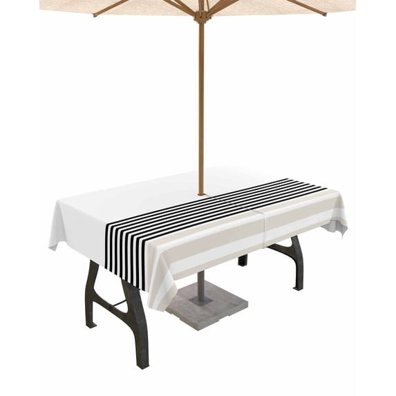 Fsddascl Black Grey Striped Outdoor Tablecloth - 60x84 Inch Rectangle Dining Table Cover, Modern Farmhouse Stripes Waterproof Outdoor Table Cloth with Umbrella Hole & Zipper for Picnic/Patio/Party