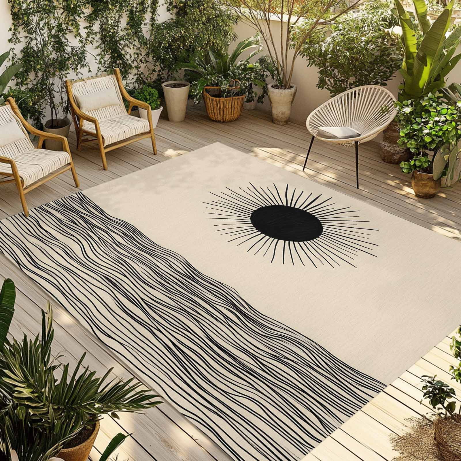 Fsddascl Black Minimalist Lines Outdoor Rug for Patio/Deck/Porch, Non ...