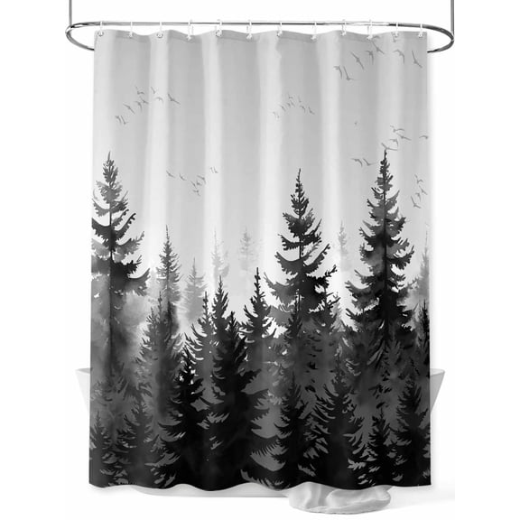 Fsddascl Black Mist Forest Shower Curtain Set - Extra Long 72" x 96" Washable Bathtub Curtain with 12 Hooks, Retro Country Watercolor Tree Scenery Waterproof Fabric Stall Shower Curtains for Bathroom