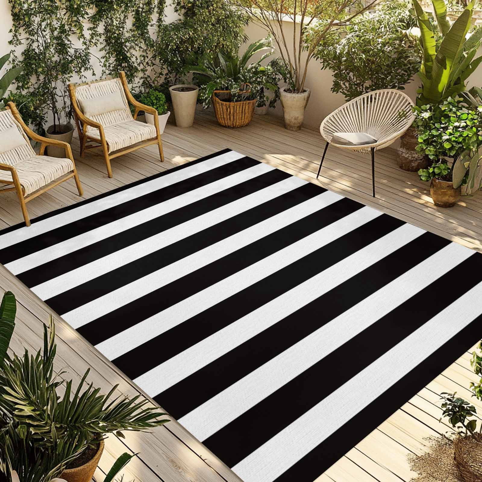 Fsddascl Black Striped Outdoor Rug for Patio/Deck/Porch, Non-Slip Large Area Rug 4 x 6 Ft, Modern Farmhouse Black White Stripes Indoor Outdoor Rugs Washable Area Rugs, Reversible Camping Rug Carpet