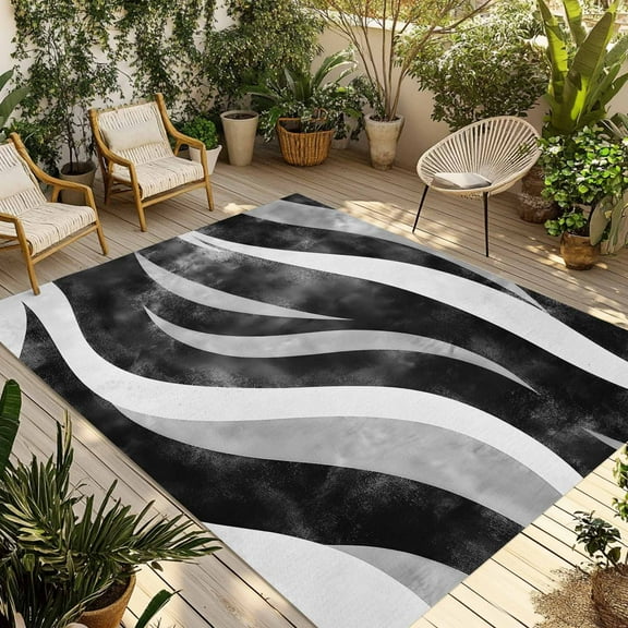 Fsddascl Black Waves Outdoor Rug for Patio/Deck/Porch, Non-Slip Large Area Rug 4 x 6 Ft, Ombre Sea Ripples Shabby Beach Indoor Outdoor Rugs Washable Area Rugs, Reversible Camping Rug Carpet Runner