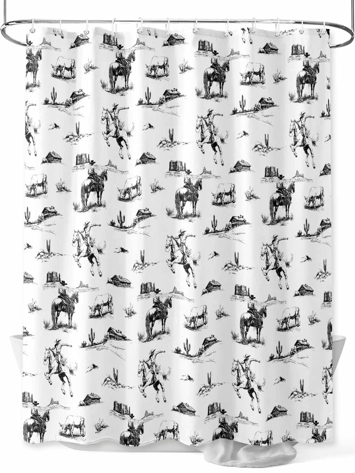 Cowboy Western Shower Curtain 62x72 Inches - Vintage Horse Desert Mountain Design, Waterproof Polyester With Hooks