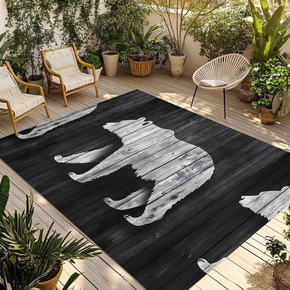 Fsddascl Black White Bear Outdoor Rug for Patio/Deck/Porch, Non-Slip Large Area Rug 5 x 8 Ft, Farmhouse Country Retro Wood Grain Indoor Outdoor Rugs Washable Area Rugs, Reversible Camping Rug Carpet