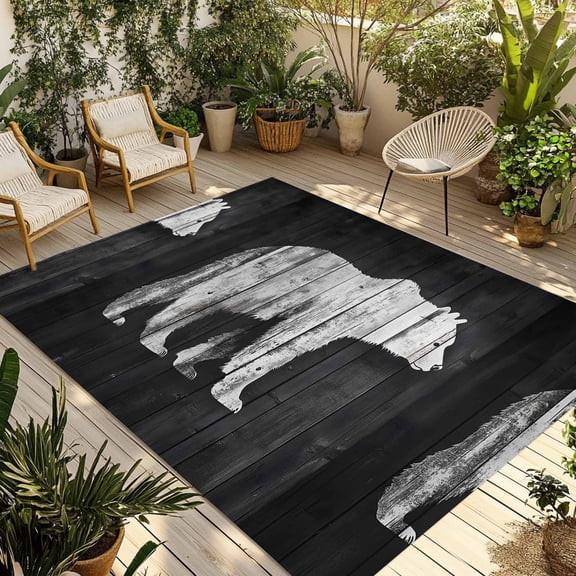 Fsddascl Black White Bear Outdoor Rug for Patio/Deck/Porch, Non-Slip Large Area Rug 5 x 8 Ft, Farmhouse Country Rustic Wooden Grain Indoor Outdoor Rugs Washable Area Rugs, Camping Rug Carpet