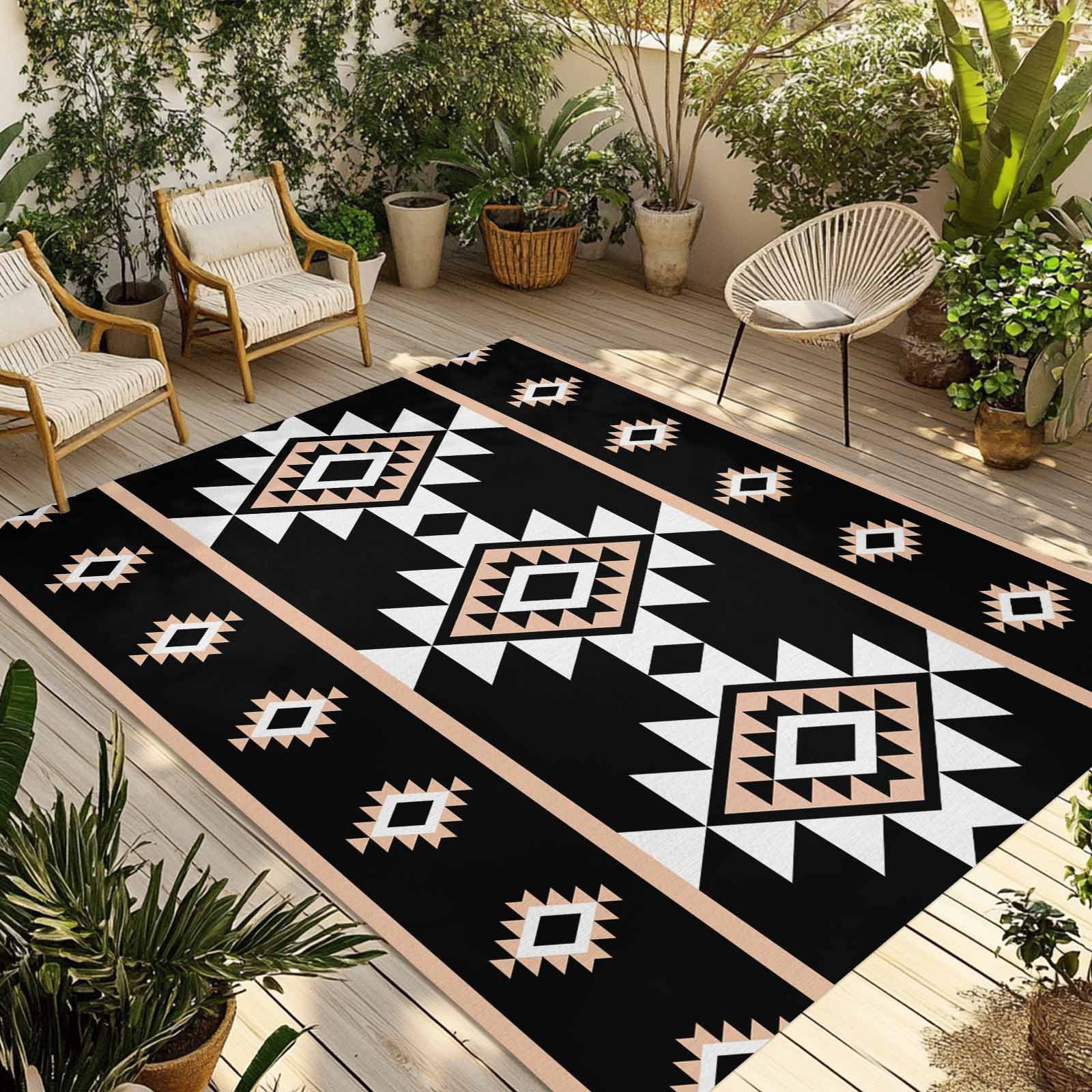 Fsddascl Black White Boho Outdoor Rug for Patio/Deck/Porch, Non-Slip Large Area Rug 4 x 6 Ft, Modern Western Aztec Abstract Geometric Indoor Outdoor Rugs Washable Area Rugs, Camping Rug Carpet