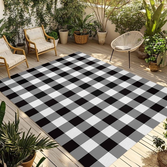 Fsddascl Black and White Checkered Outdoor Rug for Patio/Deck/Porch, Non-Slip Large Area Rug 4 x 6 Ft, Farmhouse Buffalo Plaid Indoor Outdoor Rugs Washable Area Rugs, Reversible Camping Rug Carpet