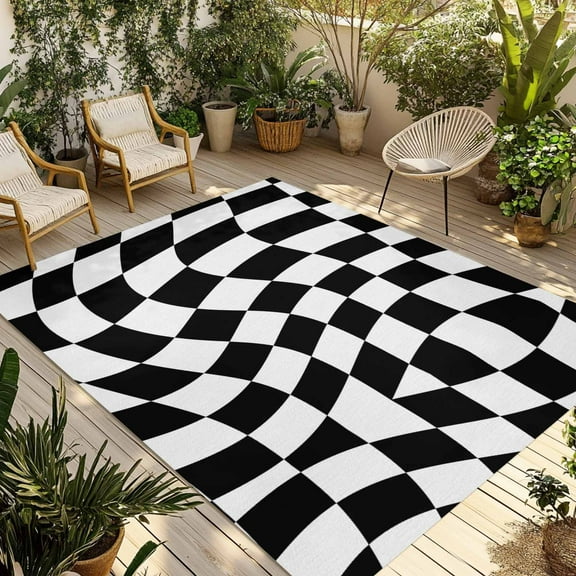 Fsddascl Black and White Checkered Outdoor Rug for Patio/Deck/Porch, Non-Slip Large Area Rug 5 x 8 Ft, Modern Irregular Geometric Indoor Outdoor Rugs Washable Area Rugs, Camping Rug Carpet