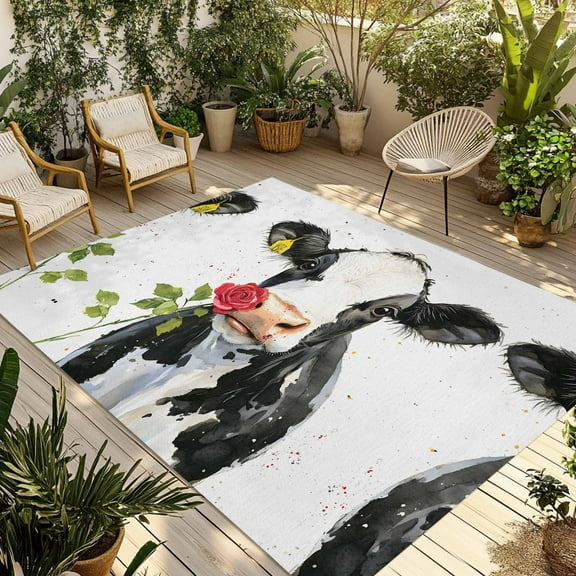 Fsddascl Black White Cow Outdoor Rug for Patio/Deck/Porch, Non-Slip Large Area Rug 4 x 6 Ft, Spring Farmhouse Animals Printed Red Floral Indoor Outdoor Rugs Washable Area Rugs, Camping Rug Carpet