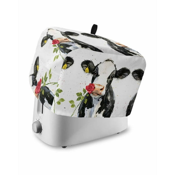Fsddascl Black White Cow Small Toaster Cover 2 Slice, Kitchen Appliance Covers, Spring Farmhouse Animals Printed Red Floral Toaster Oven Cover with Loop, Bread Machine Cover Polyester Dust Cover
