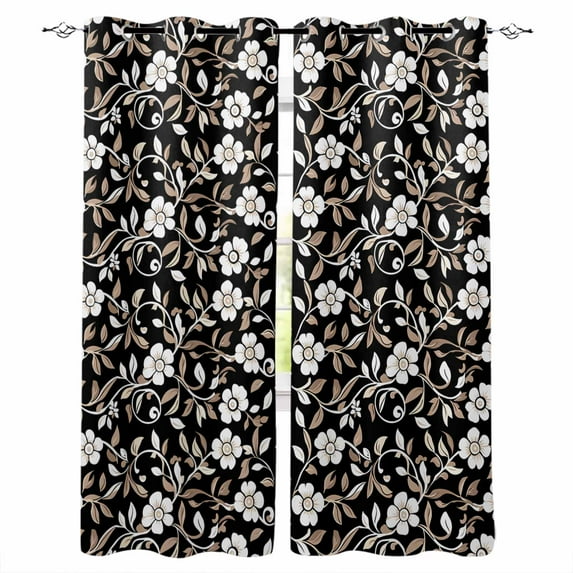 Fsddascl Black White Floral Blackout Curtains for Bedroom/Living Room, Thermal Insulated Kitchen Curtains, Farmhouse Vintage Botanical Leaves Grommet Darkening Window Treatment Drapes 52"x90"x2