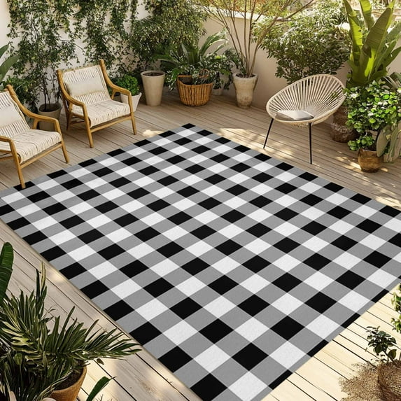 Fsddascl Black and White Plaid Outdoor Rug for Patio/Deck/Porch, Non-Slip Large Area Rug 5 x 8 Ft, Farmhouse Checkered Buffalo Indoor Outdoor Rugs Washable Area Rugs, Reversible Camping Rug Carpet