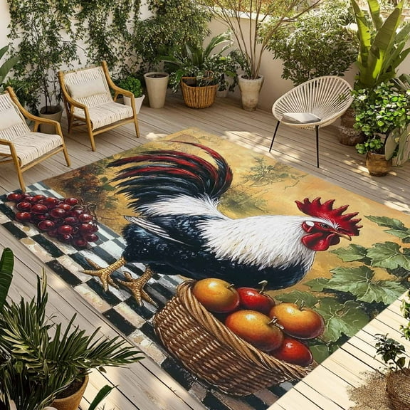 Fsddascl Black White Retro Rooster Outdoor Rug for Patio/Deck/Porch, Non-Slip Large Area Rug 5 x 8 Ft, Farmhouse Animals Watercolor Indoor Outdoor Rugs Washable Area Rugs, Camping Rug Carpet