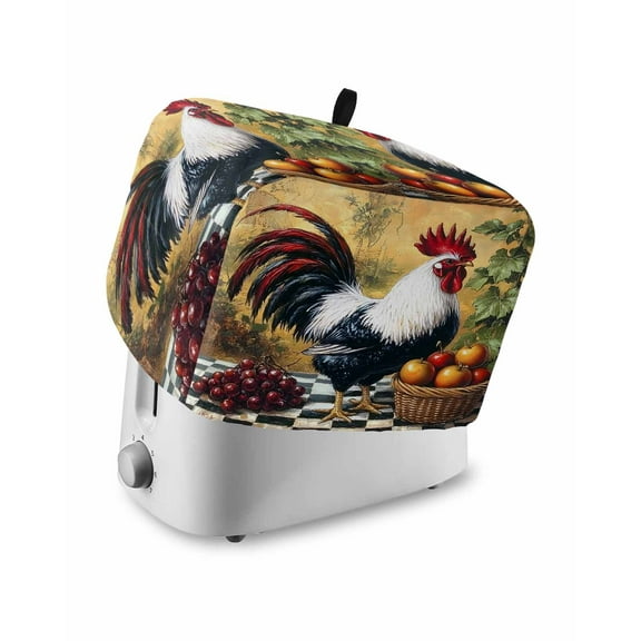 Fsddascl Black White Retro Rooster Toaster Cover 4 Slice, Large Kitchen Appliance Covers, Farmhouse Animals Watercolor Toaster Oven Cover with Loop, Bread Machine Cover Polyester Dust Cover