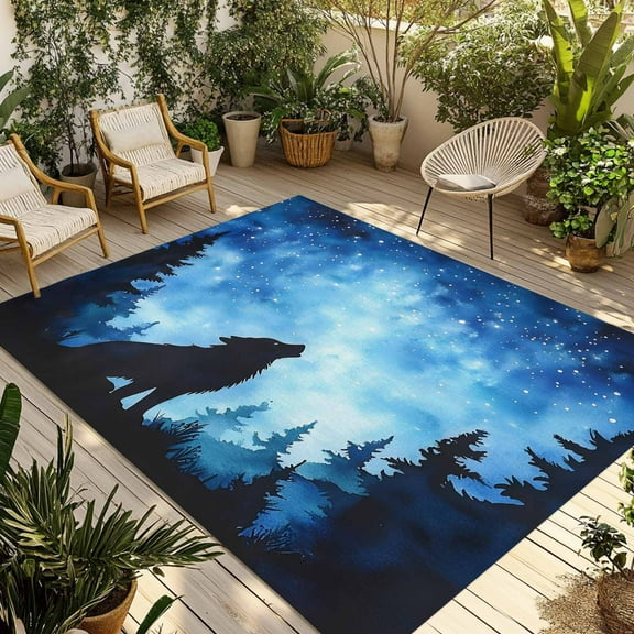 Fsddascl Black Wolf Silhouette Outdoor Rug for Patio/Deck/Porch, Non-Slip Large Area Rug 4 x 6 Ft, Abstract Starry Night Forest Indoor Outdoor Rugs Washable Area Rugs, Reversible Camping Rug Carpet