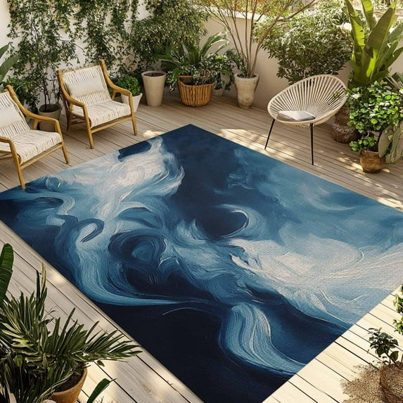 Fsddascl Blue Abstract Art Outdoor Rug for Patio/Deck/Porch, Non-Slip Large Area Rug 4 x 6 Ft, Modern Waves Art Indoor Outdoor Rugs Washable Area Rugs, Reversible Camping Rug Carpet Runner