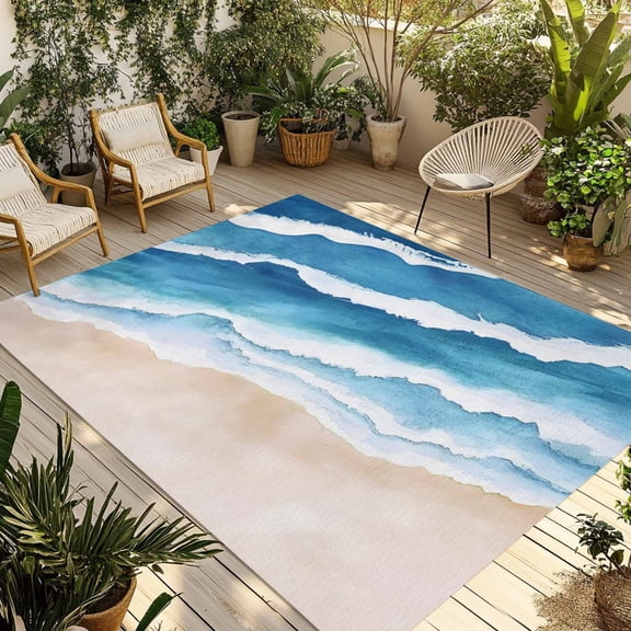 Fsddascl Blue Beach Coastal Outdoor Rug for Patio/Deck/Porch, Non-Slip Large Area Rug 5 x 8 Ft, Summer Seaside Nautical Ocean Indoor Outdoor Rugs Washable Area Rugs, Reversible Camping Rug Carpet