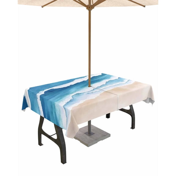Fsddascl Blue Beach Coastal Outdoor Tablecloth - 52x70 Inch Rectangle Dining Table Cover, Summer Seaside Nautical Ocean Waterproof Outdoor Table Cloth with Umbrella Hole & Zipper for Picnic/Patio