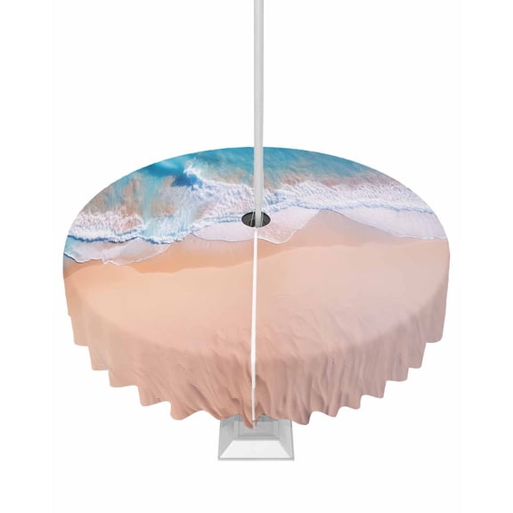 Fsddascl Blue Beach Outdoor Tablecloth - 60 Inch Round Dining Table Cover, Summer Ocean Coastal Nautical Seaside Waterproof Outdoor Table Cloth with Umbrella Hole & Zipper for Picnic/Patio/Party