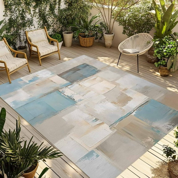 Fsddascl Blue Beige Color Blocks Outdoor Rug for Patio/Deck/Porch, Non-Slip Large Area Rug 5 x 8 Ft, Abstract Oil Painting Art Indoor Outdoor Rugs Washable Area Rugs, Reversible Camping Rug Carpet